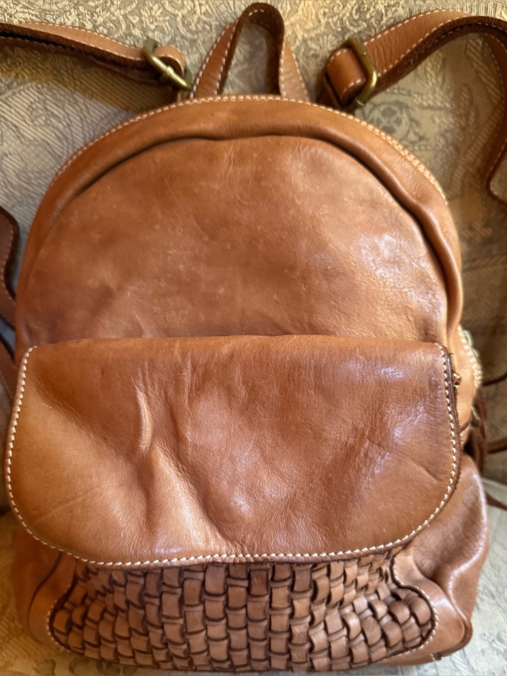Constanza Rota Leather Woven Front Backpack in Cognac Made in Italy